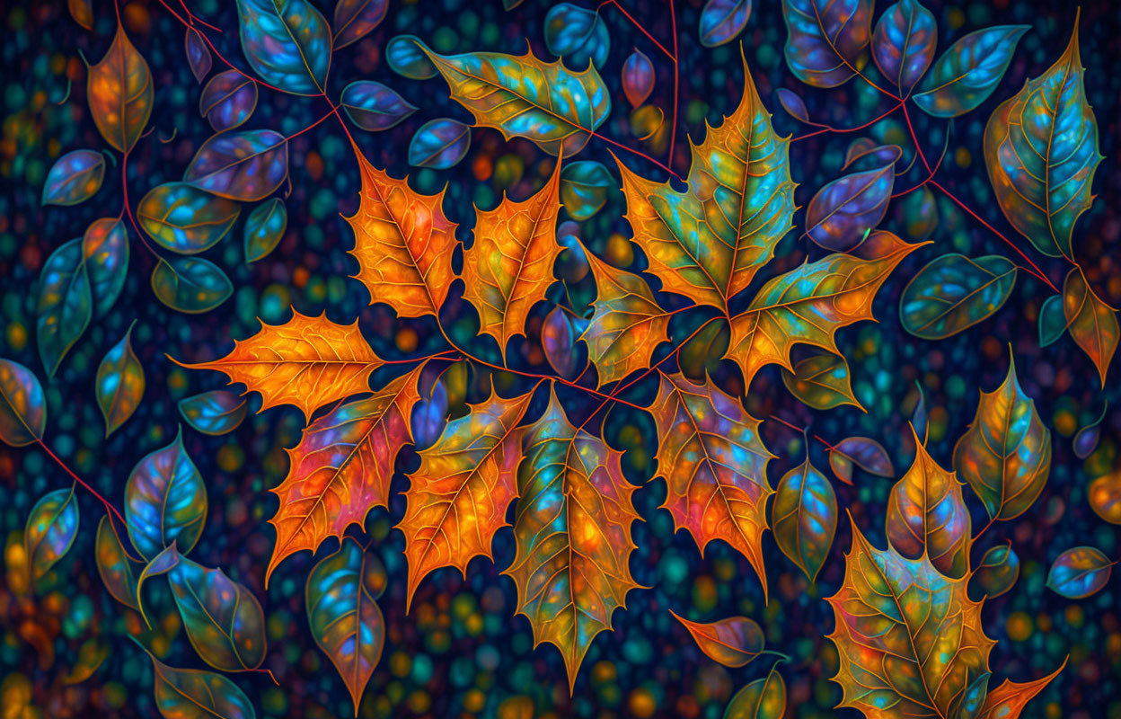 Colorful Autumn Leaves Mosaic in Orange, Blue, and Green