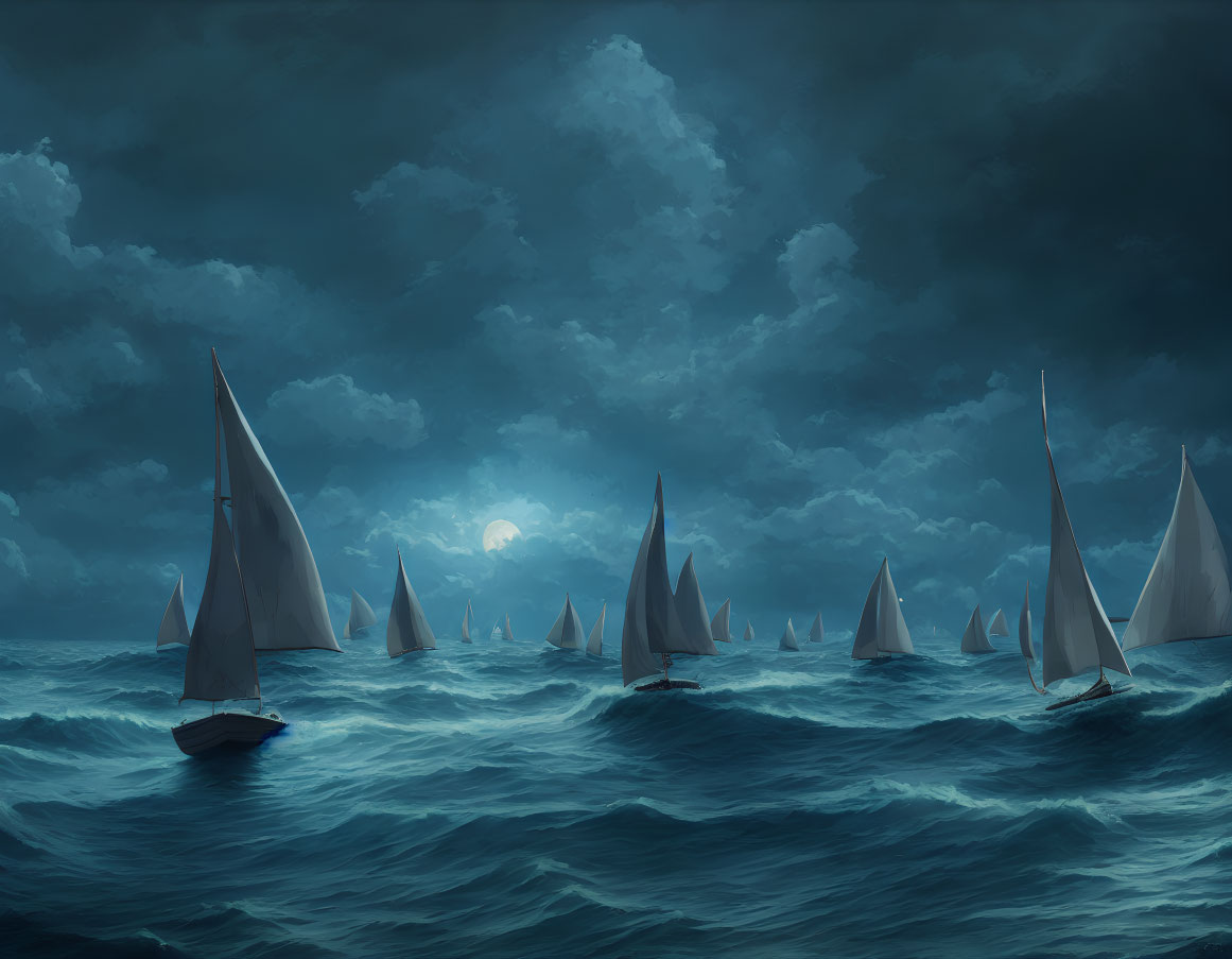 Moonlit sky illuminates sailboats in choppy waters