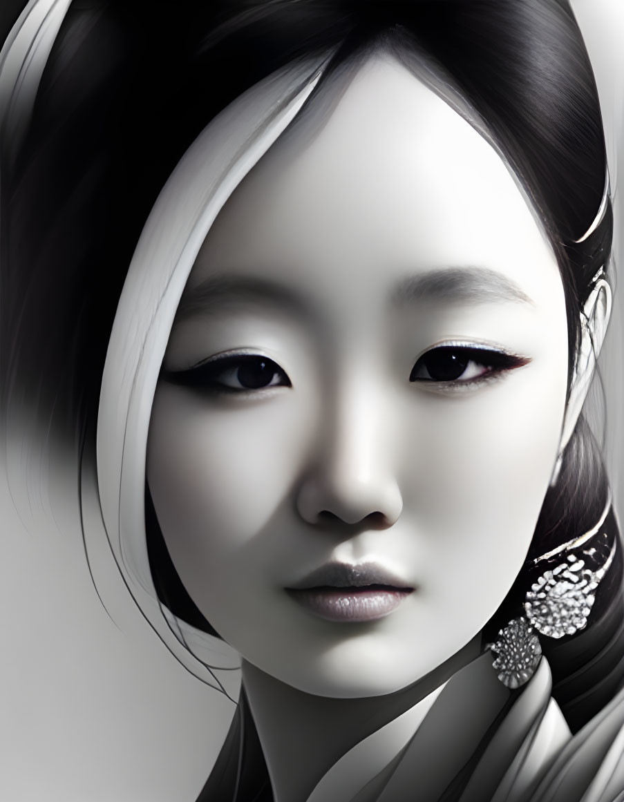 Detailed grayscale illustration of a woman with black hair and traditional earrings