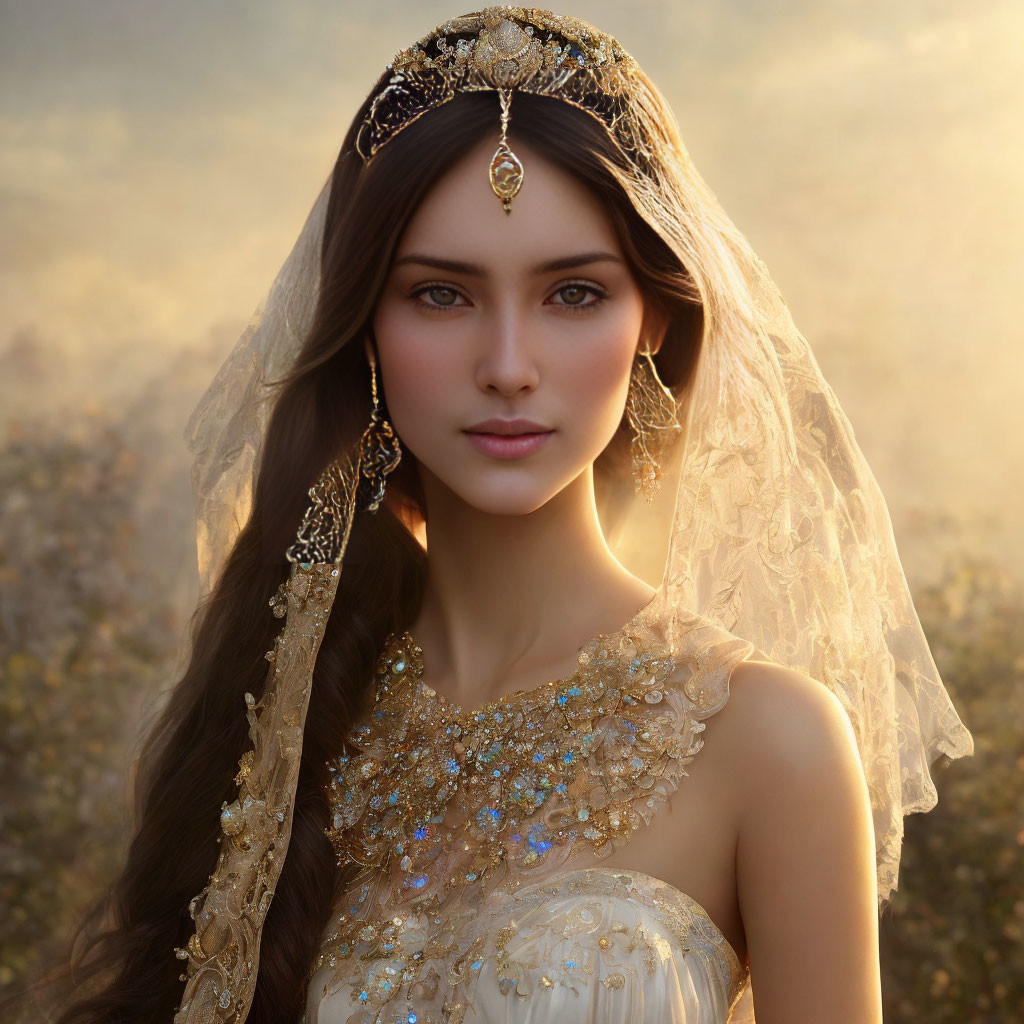 Bridal attire woman with tiara, veil, gem-encrusted dress