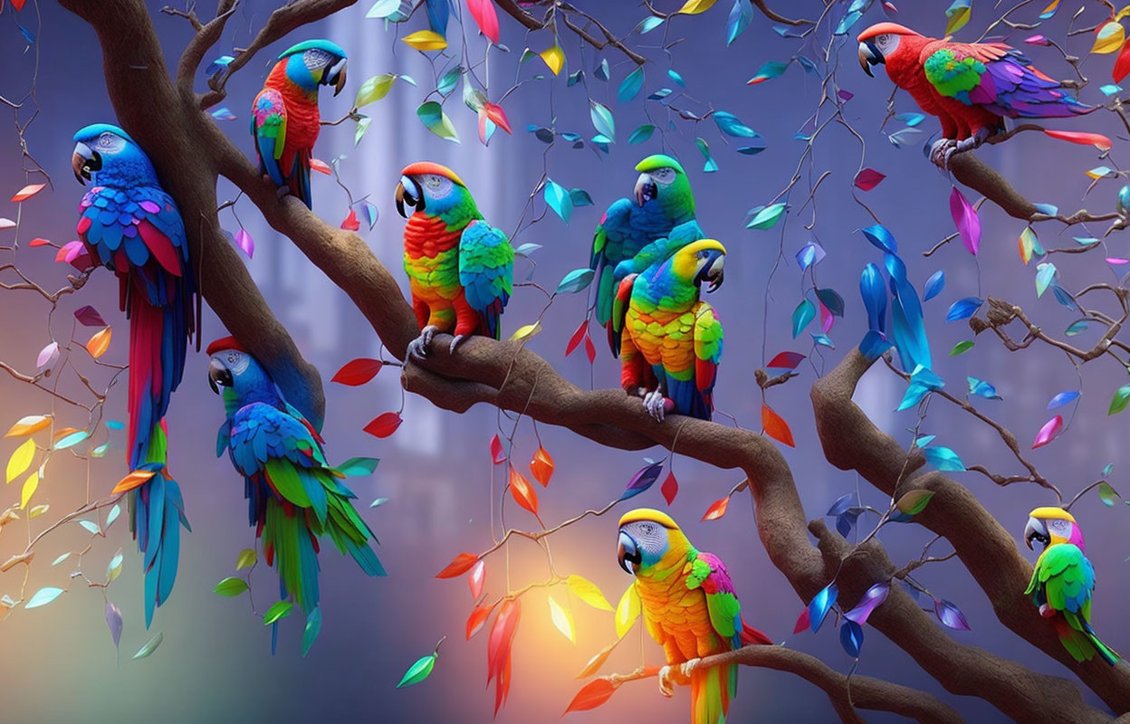 Colorful Parrots Perched on Branches with Vibrant Leaves on Purple Background