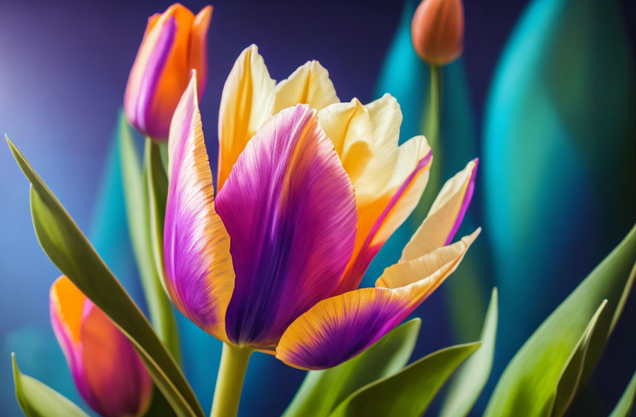 Vibrant multi-colored tulip with purple and yellow petals on green and blue background