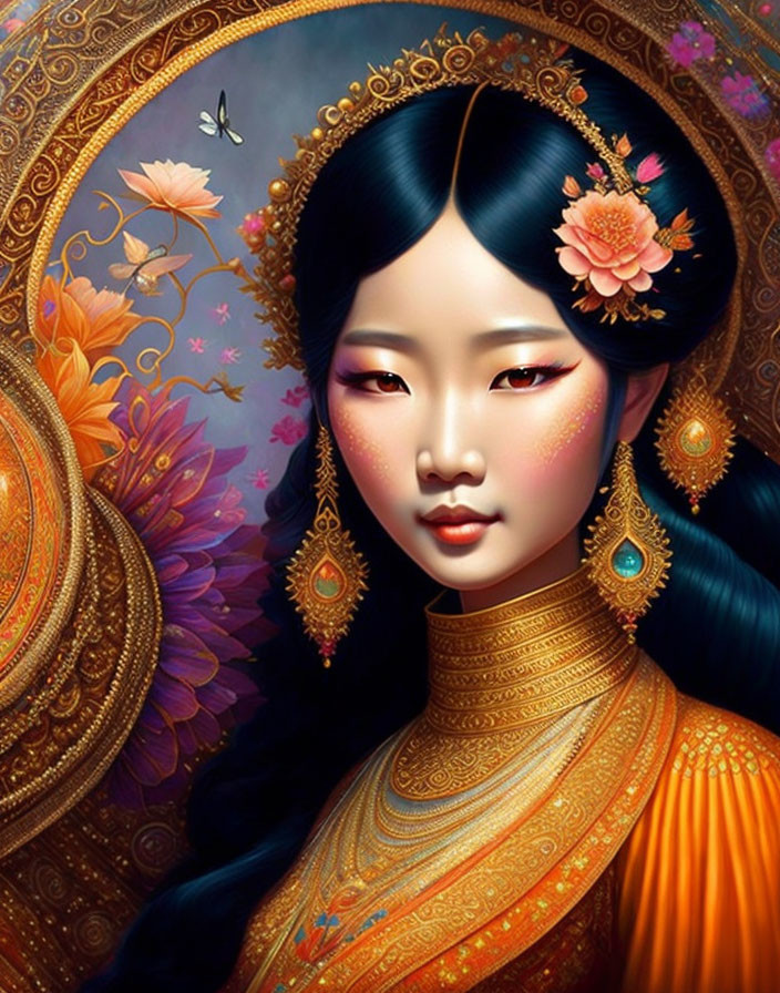 Detailed illustration of Asian woman in orange traditional attire with floral motifs