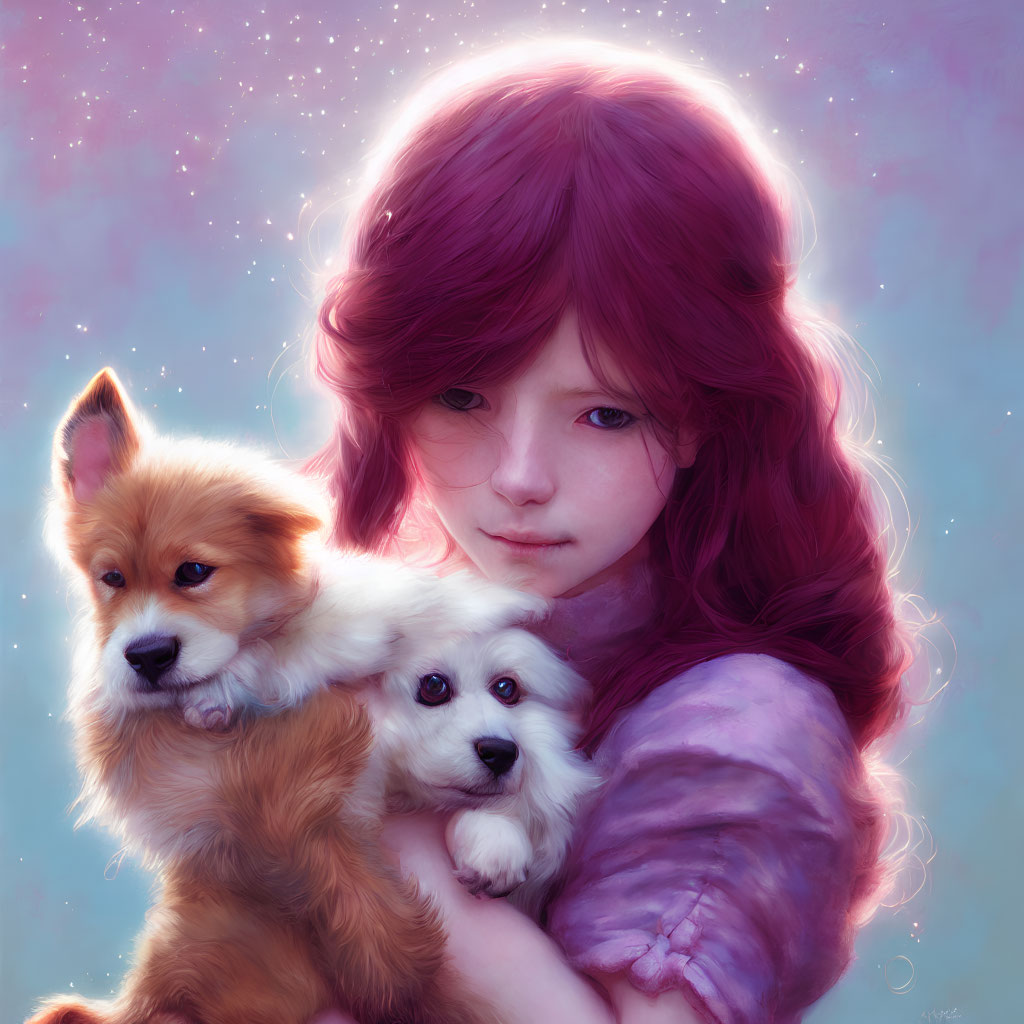 Girl with Wavy Purple Hair Holding Two Puppies in Dreamy Pastel Setting