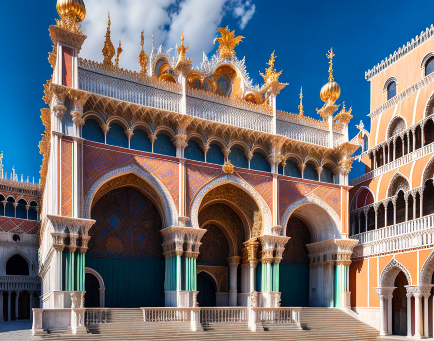 Venetian Gothic architectural facade with ornate arches and gold embellishments