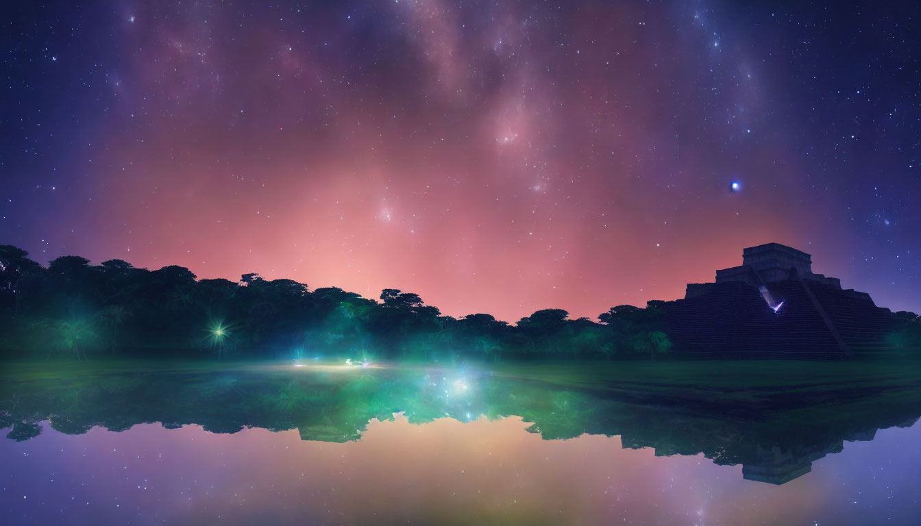 Mayan pyramid under starlit Milky Way on serene nightscape