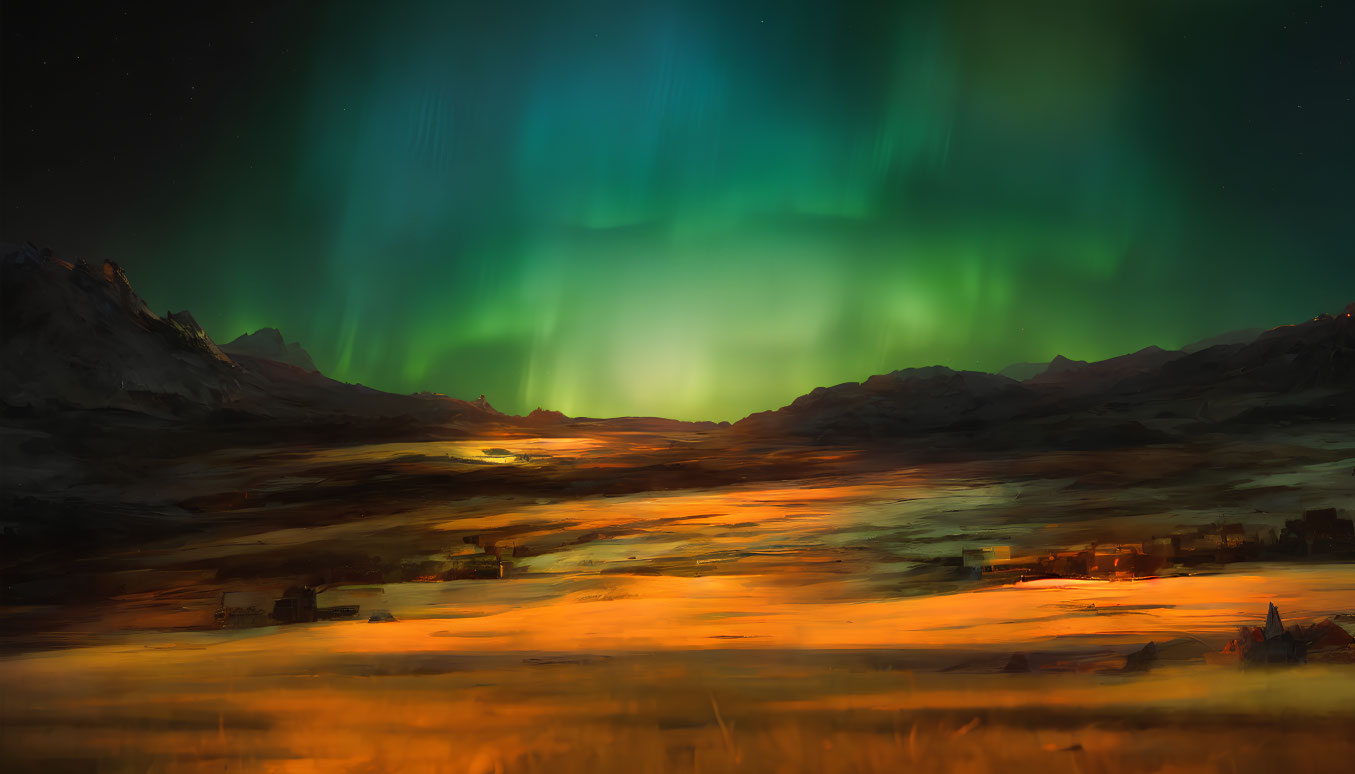 Northern Lights illuminate mountain landscape with settlement lights