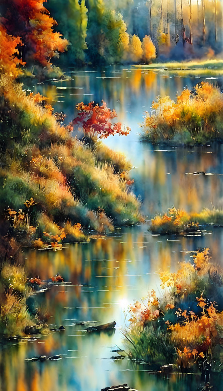 Tranquil autumn river with vibrant foliage and sunlight