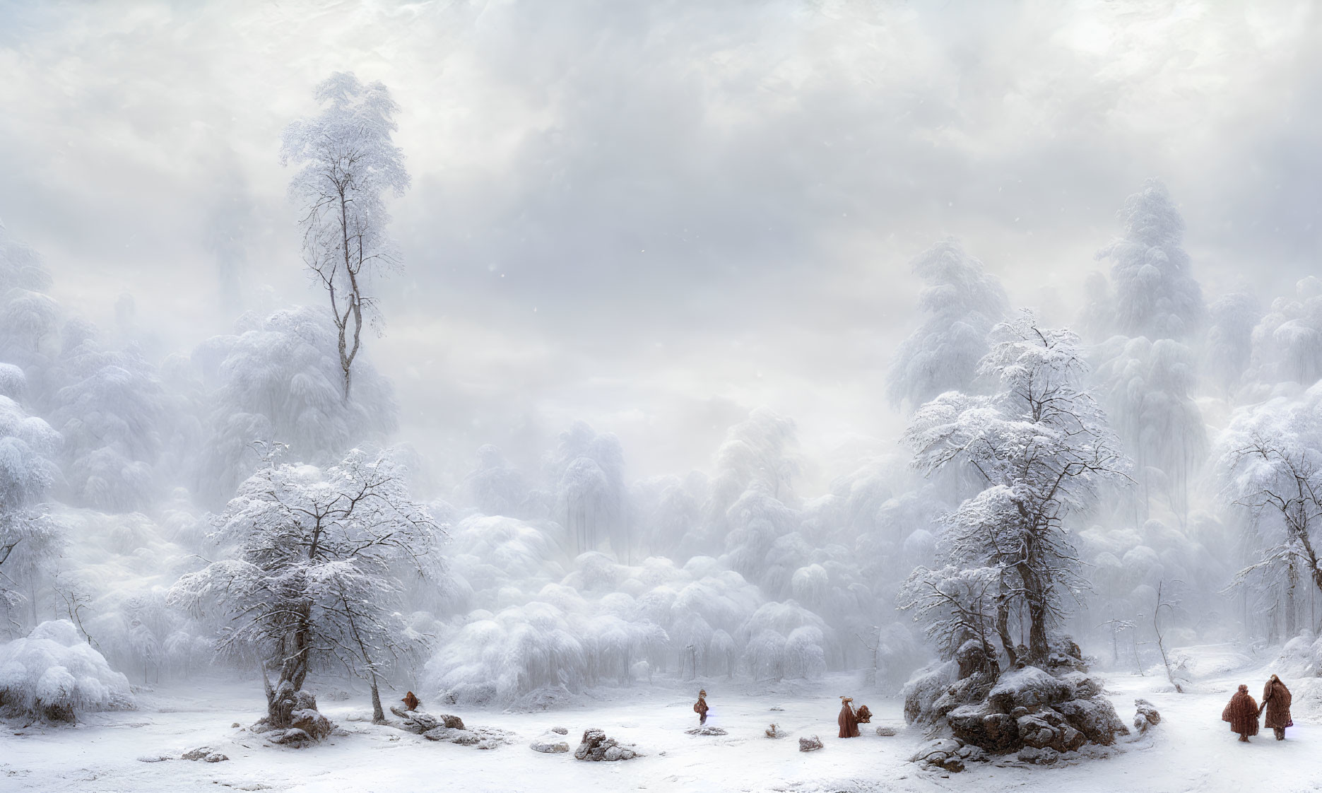 Snowy forest scene with mist and people in warm clothing sitting on the ground