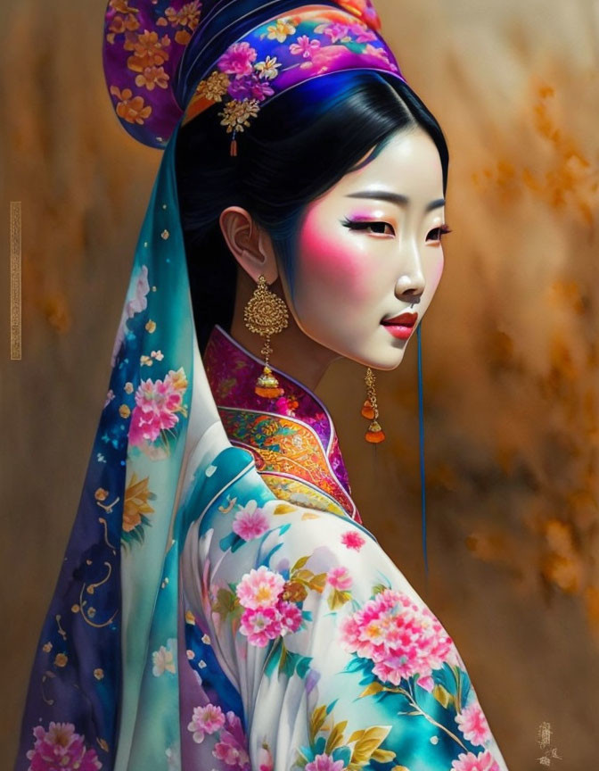 Vibrant traditional Asian attire illustration with autumnal backdrop