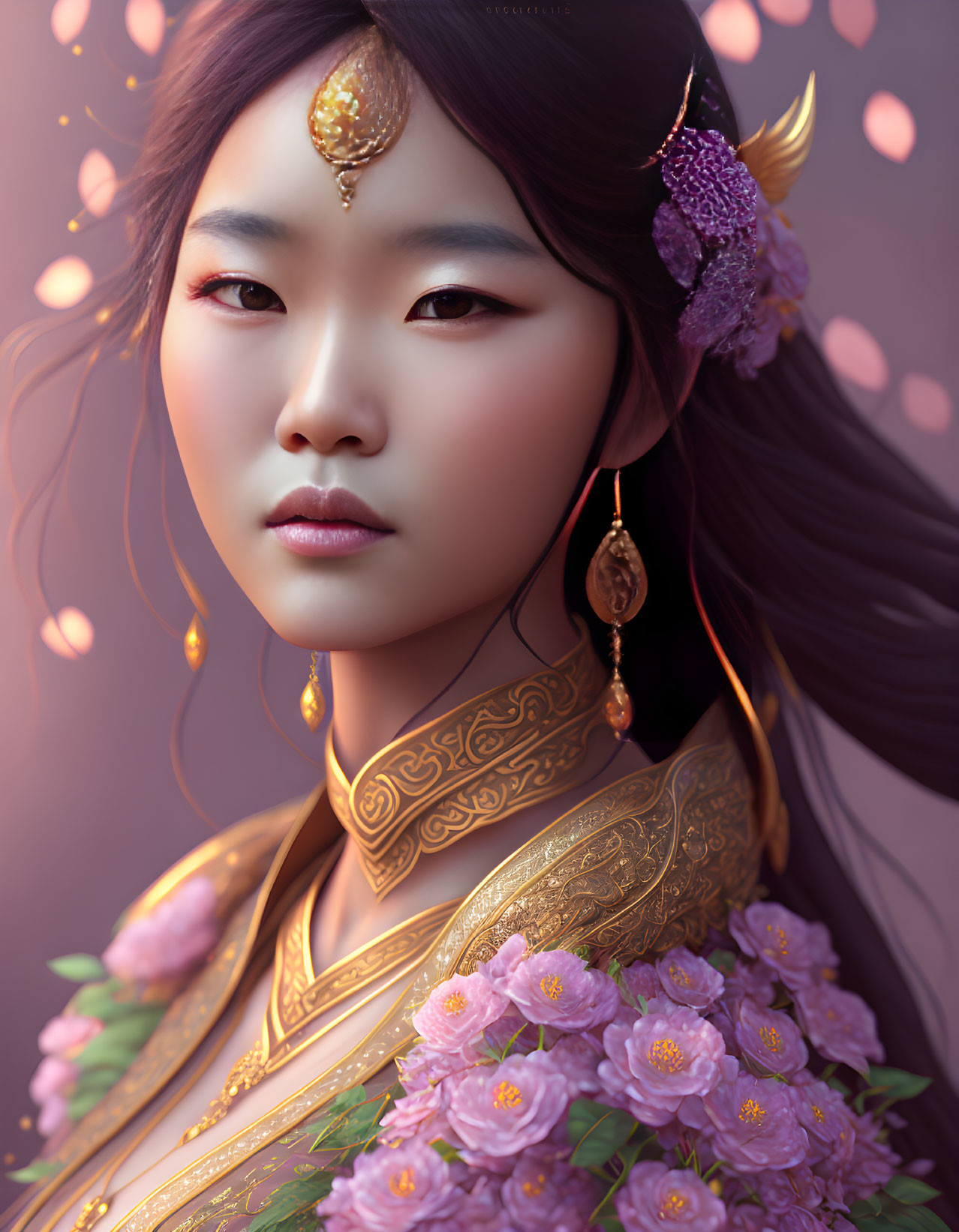 Illustrated woman in gold and purple attire with jewelry and headpiece, surrounded by purple flowers.