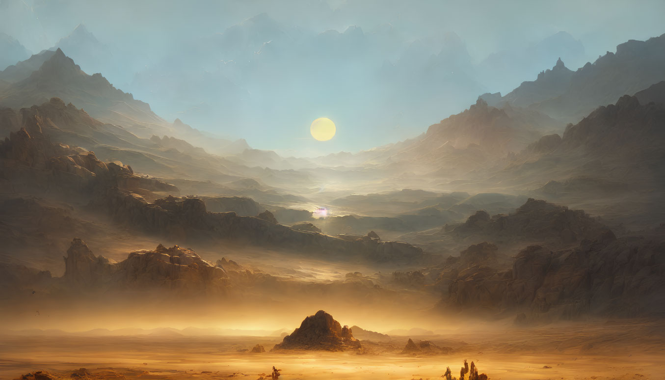 Golden sunrise over rugged mountains and tranquil desert landscape.