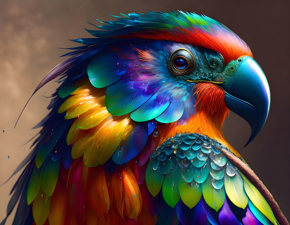 Colorful Bird Illustration with Rainbow Feathers and Thoughtful Expression