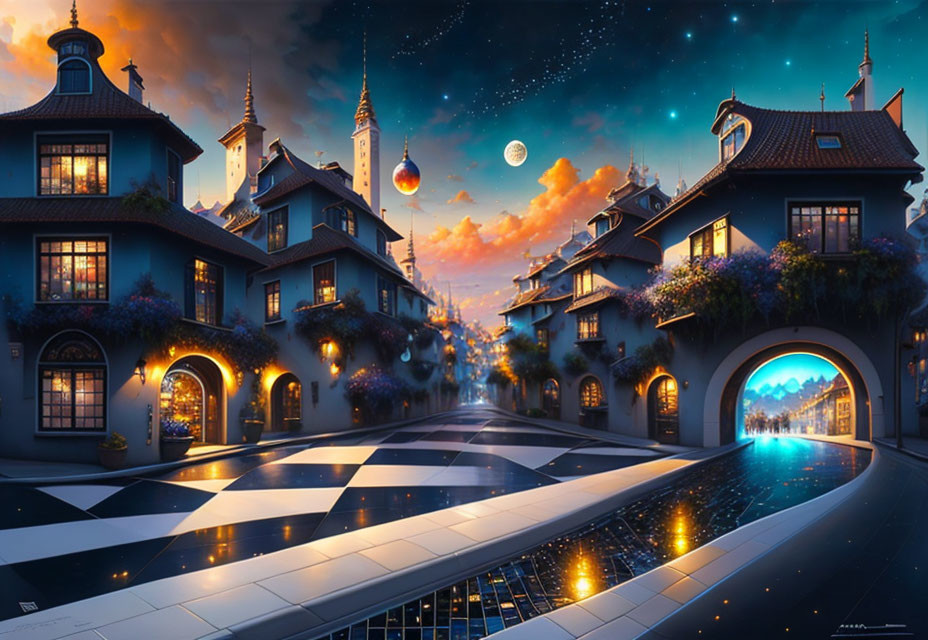 Whimsical starlit village with checkerboard streets and glowing moon