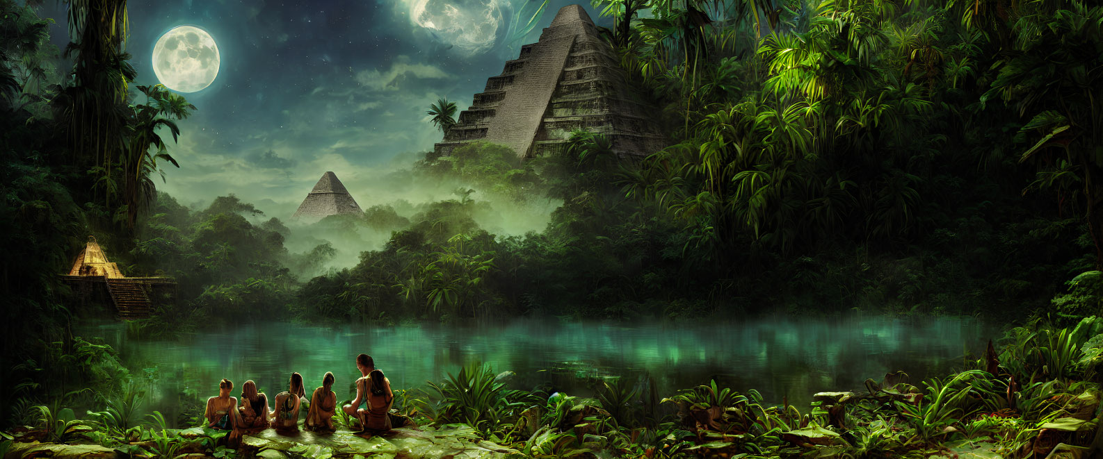 Nighttime jungle scene with river, ancient pyramids, and double moons