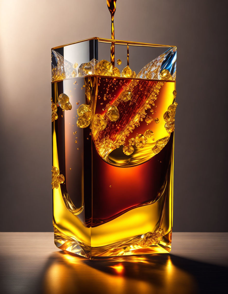 Close-Up of Whiskey Glass Pouring Golden Liquid with Bubbles