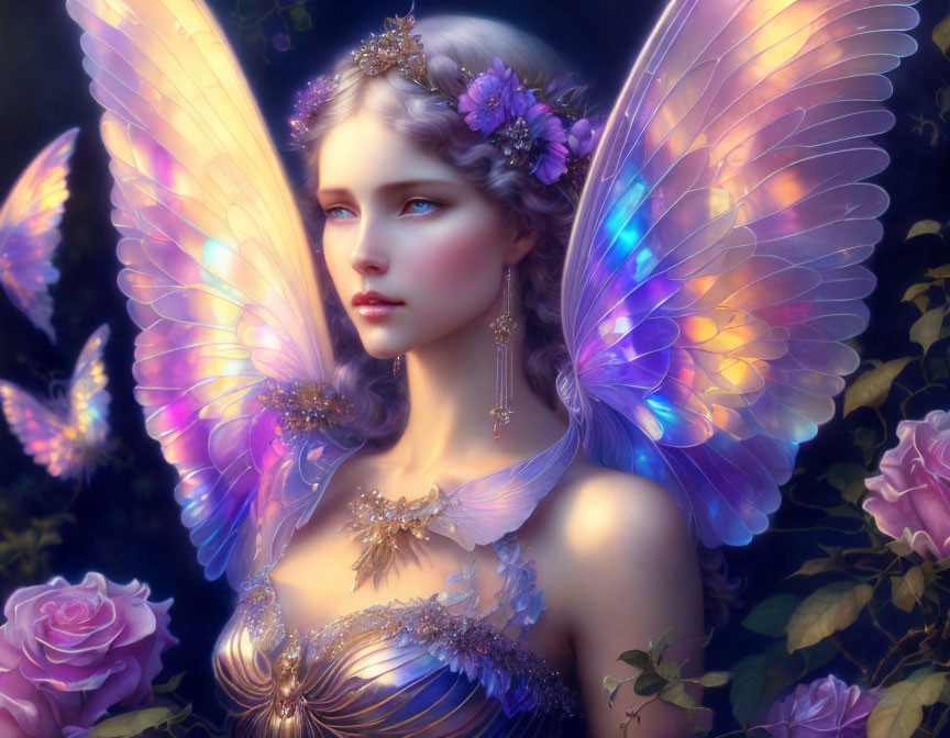 Female fairy with iridescent wings among blooming roses and floral embellishments