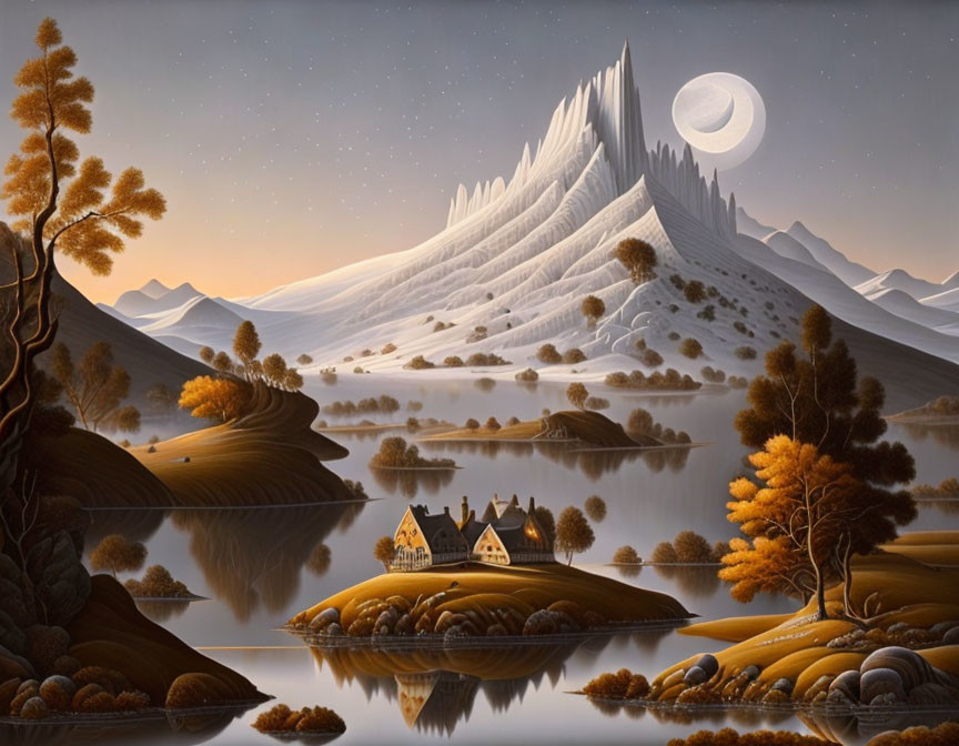 Tranquil lake, autumn trees, cottages, mountain range under moonlit sky