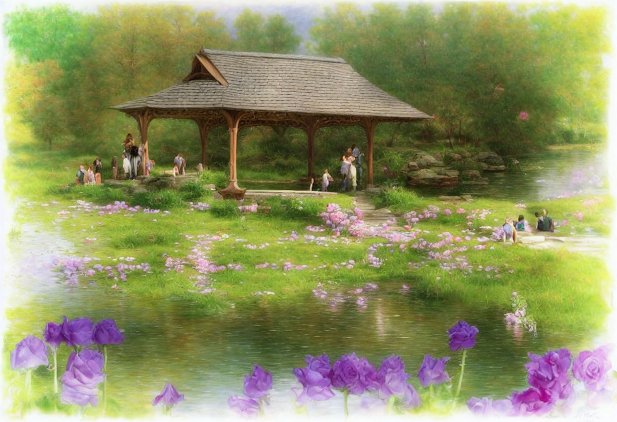 Pastel-colored painting of gazebo by river with people and purple flowers