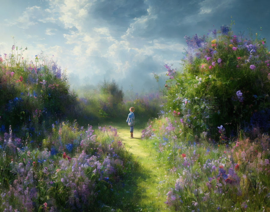 Child walking in sunlit meadow with wildflowers under cloudy sky