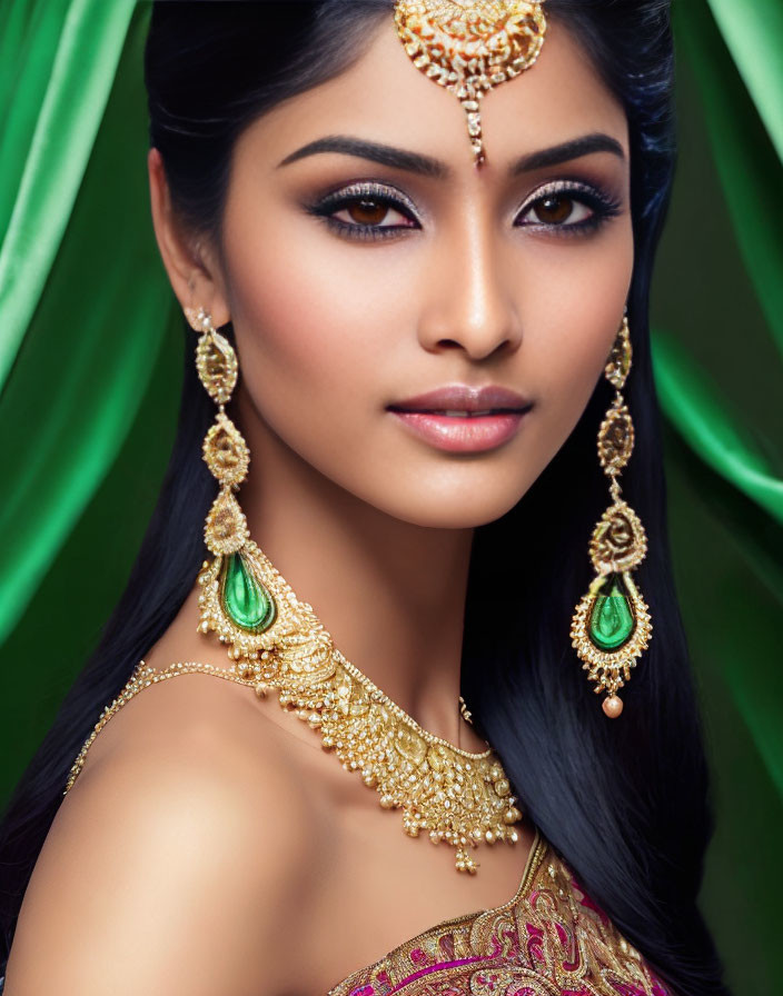 Styled black hair woman in traditional gold jewelry on green backdrop