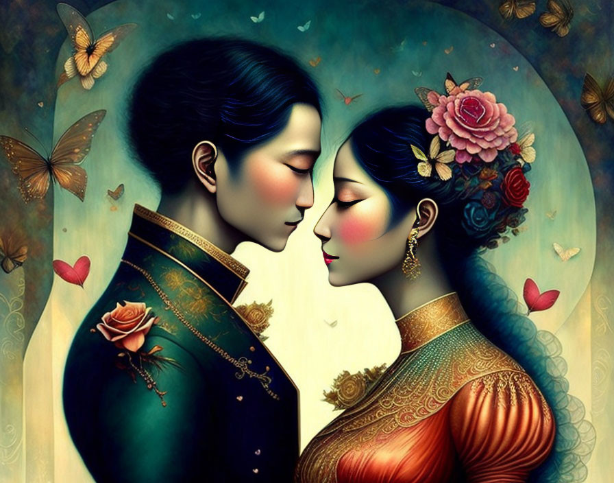 Romantic couple in traditional attire with butterflies and flowers