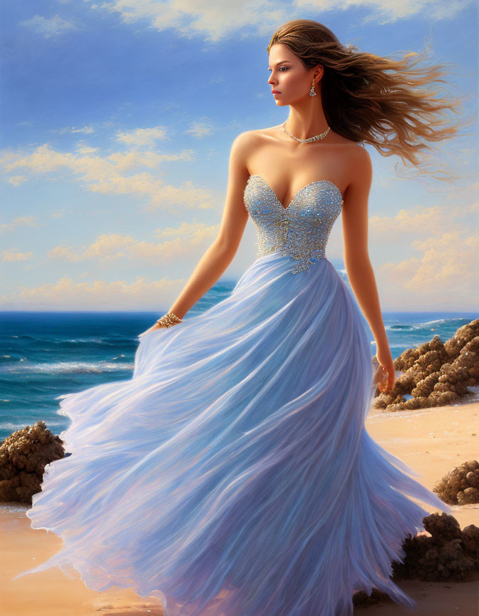 Woman in Blue Dress on Beach with Ocean Background