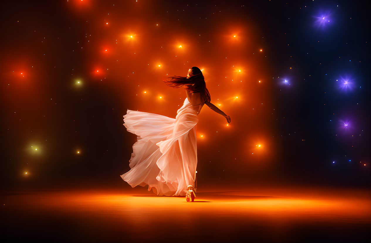 Person in Flowy White Dress Dancing Among Vibrant Starry Lights