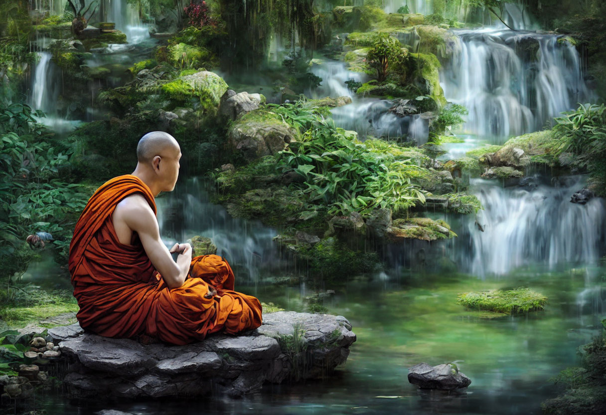 Monk meditating on rock by serene waterfall in lush greenery