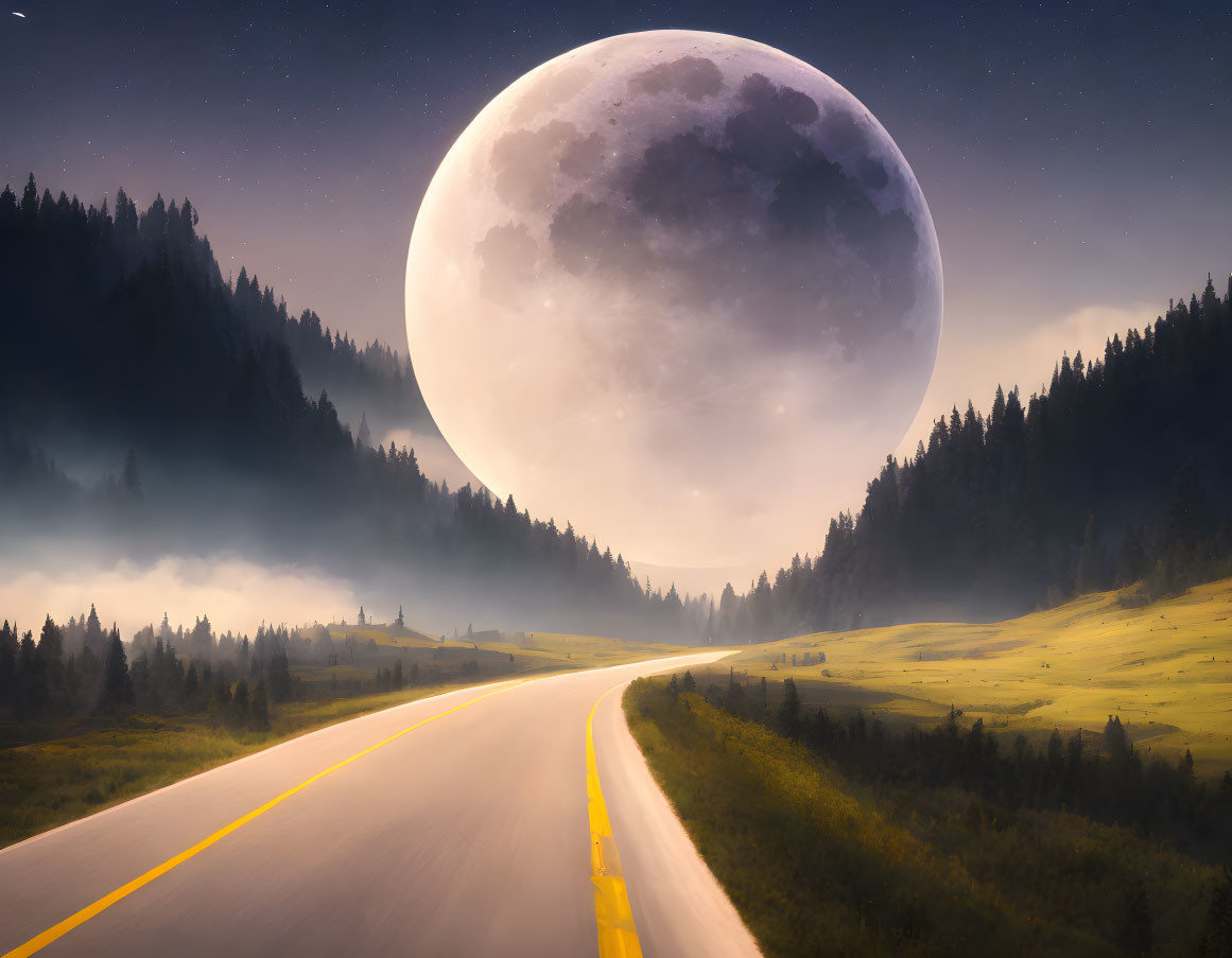 Moonlit road through misty forest and starlit sky