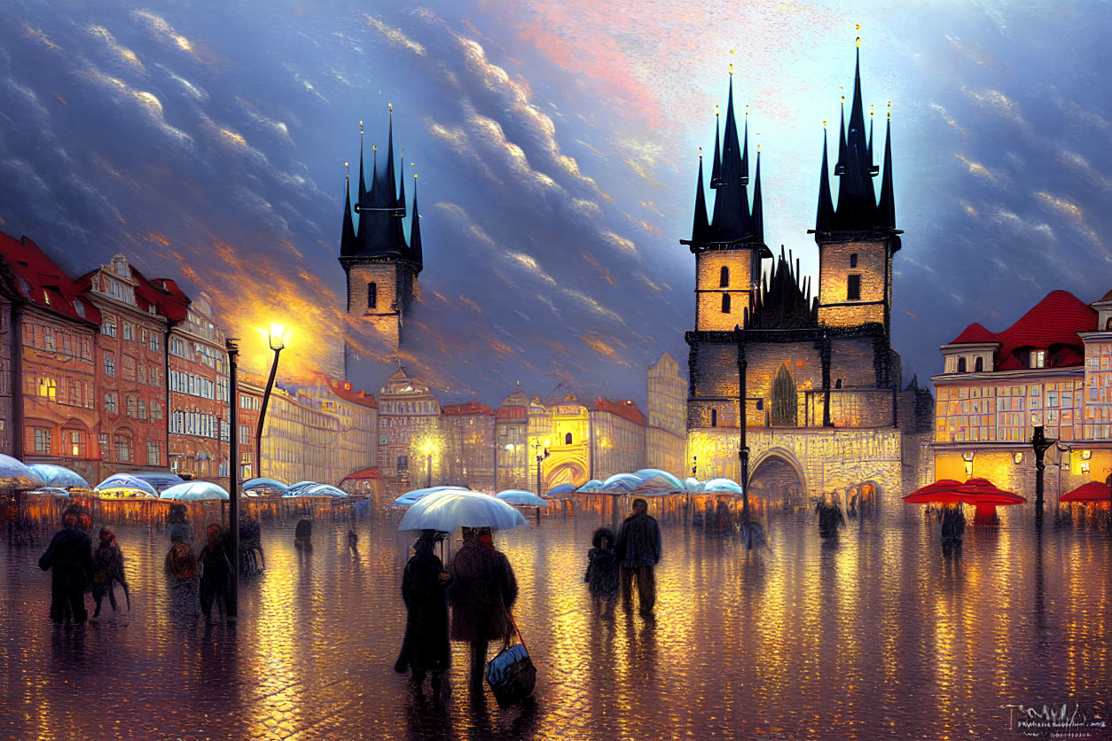 Rainy Evening in Crowded Square with Umbrellas and Historic Buildings