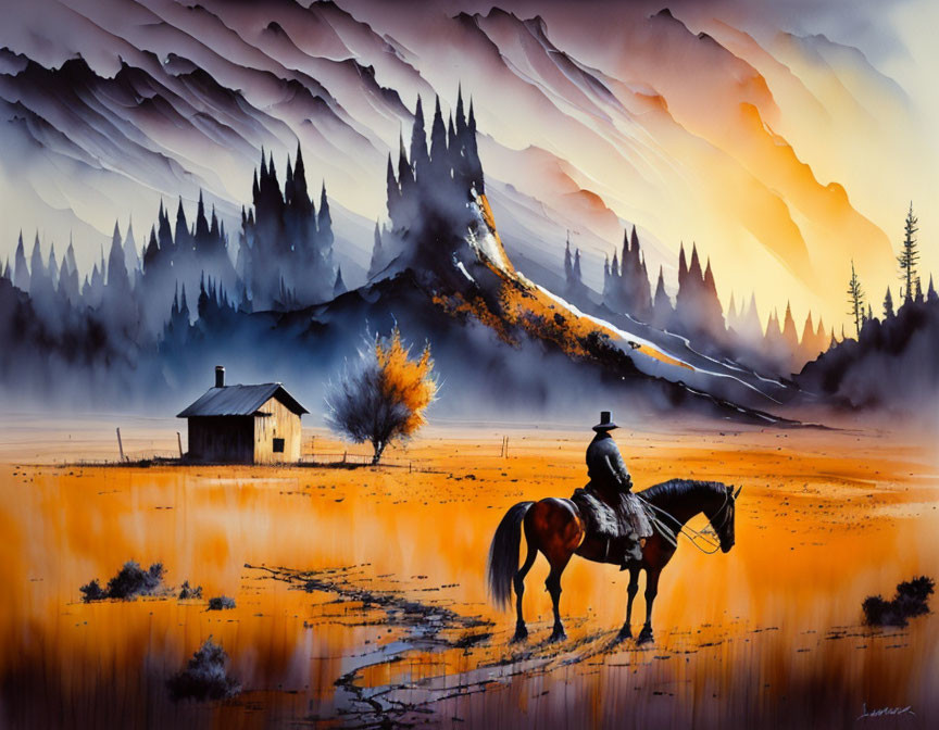 Cowboy on horseback near solitary cabin in mountainous landscape at sunset.