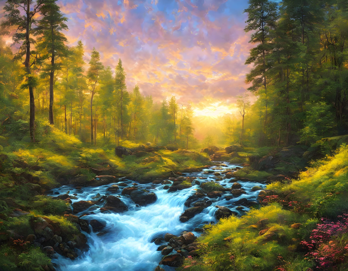 Scenic sunrise over forest with rushing river