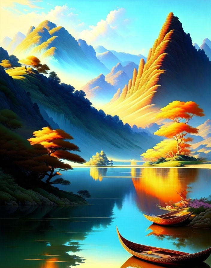 Vivid orange trees, blue waters, mountains, and a boat in serene scene