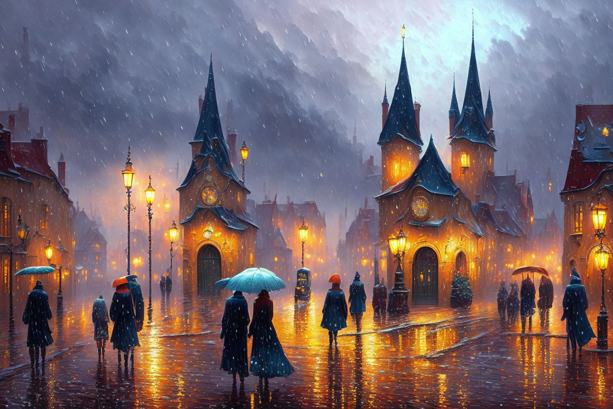 Dusk street scene with people under umbrellas in rain and warm lantern lights