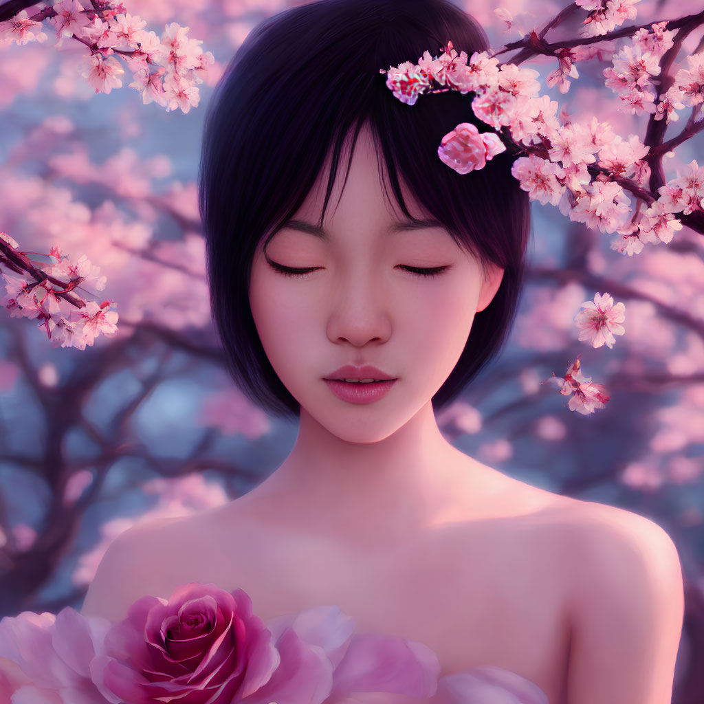 Digital Artwork: Girl with Closed Eyes Surrounded by Cherry Blossoms Holding a Rose