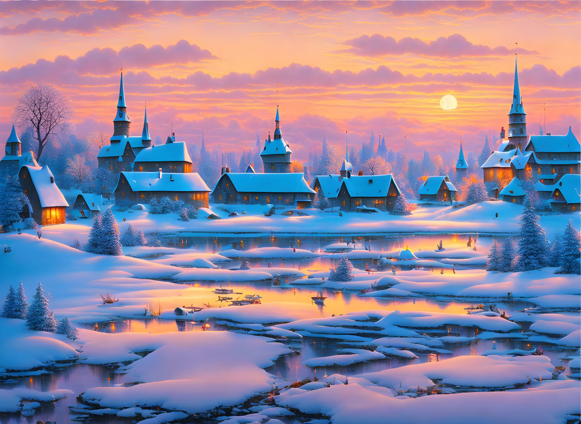 Snow-covered winter village at sunset with frozen river and church spires