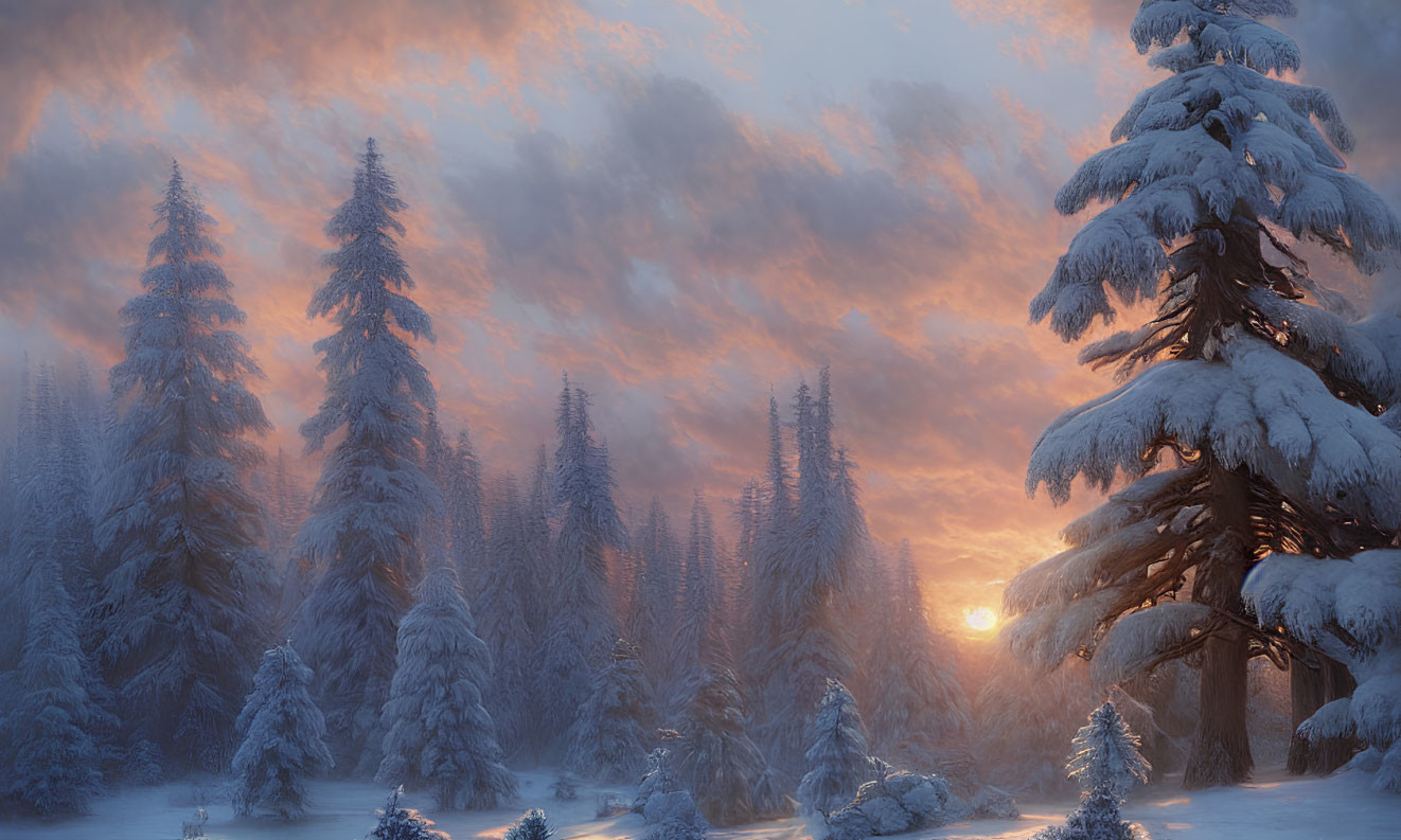 Winter scene: snow-covered pine trees at sunset with orange clouds.