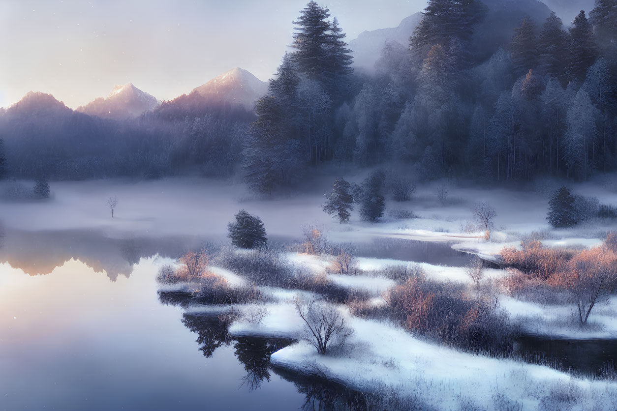 Snow-covered trees and misty lake in tranquil winter scene