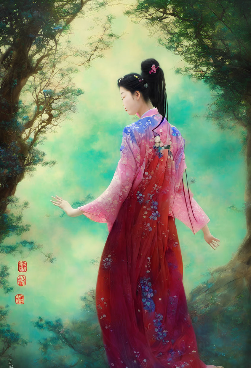 Woman in Red and Pink Traditional Dress Walking in Misty Forest