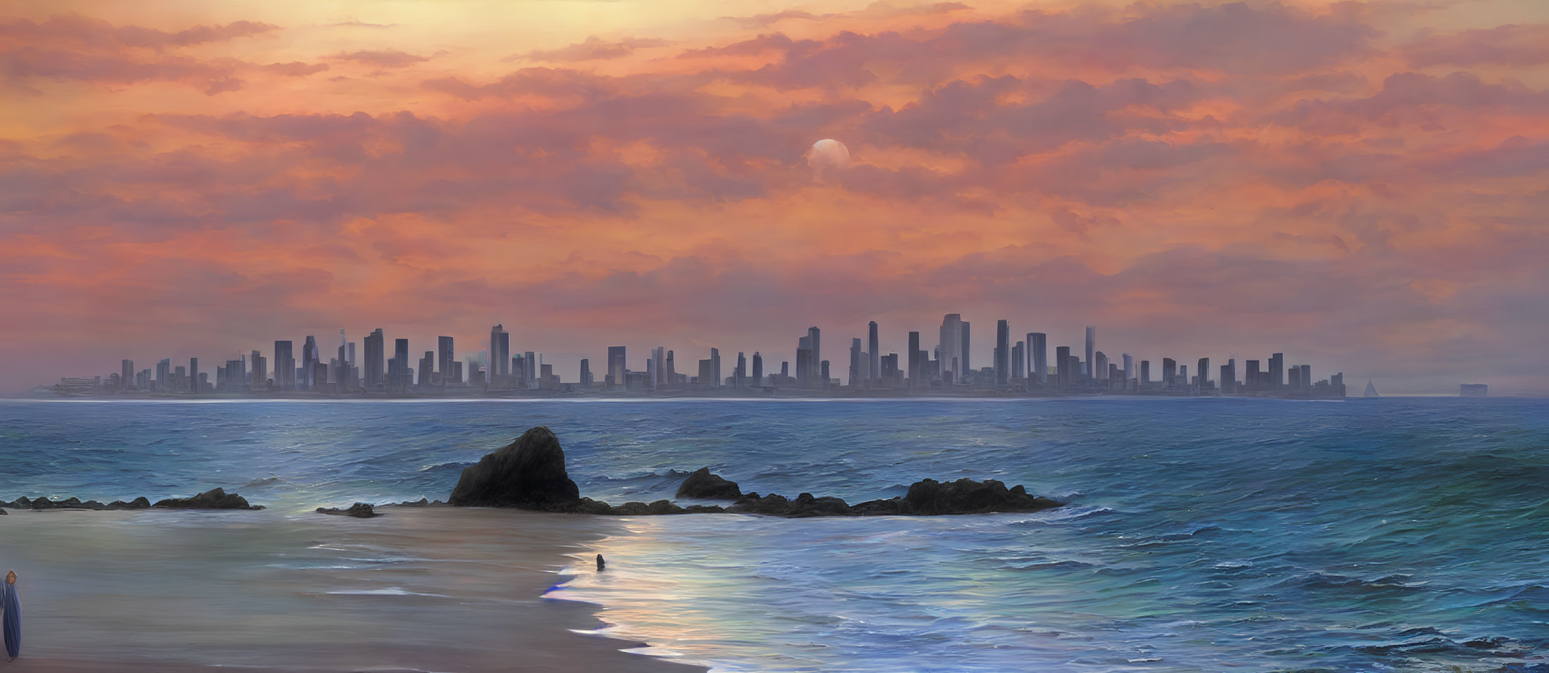 City skyline at sunset with water reflections and beach foreground