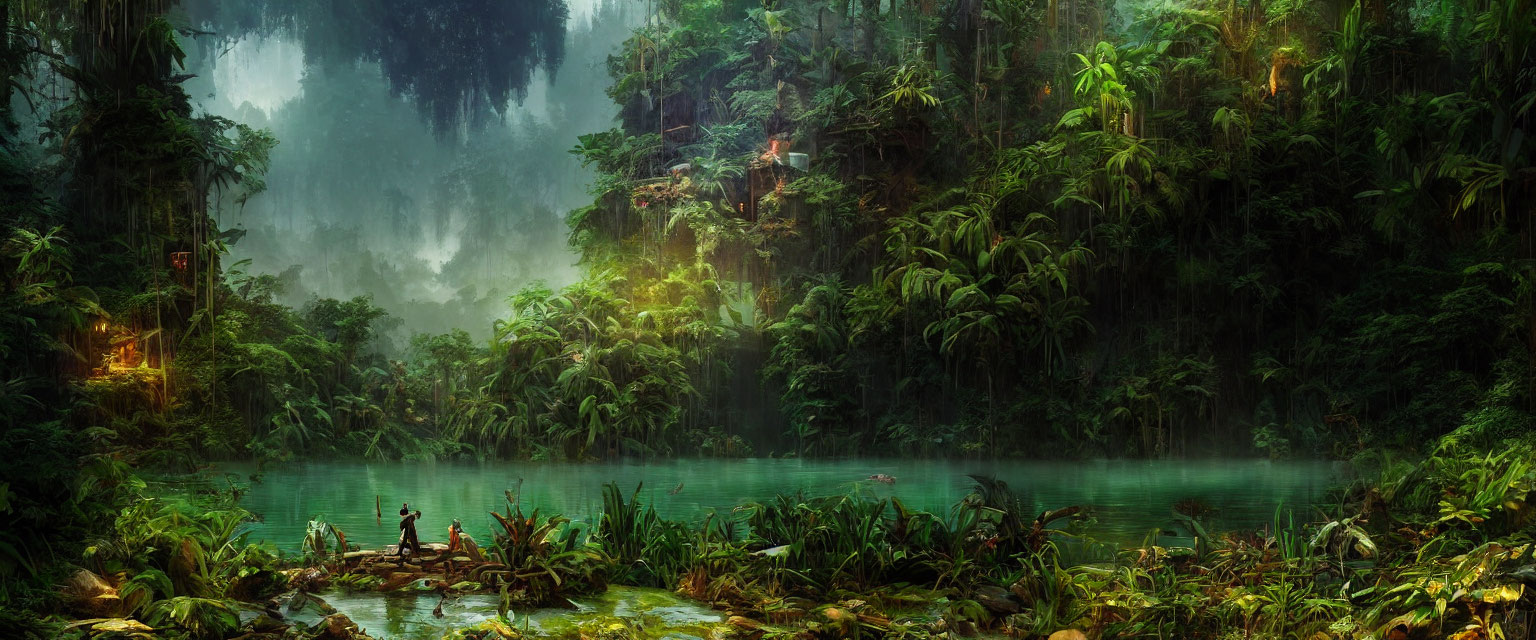 Lush Jungle Scene with Turquoise River and Hidden Structures