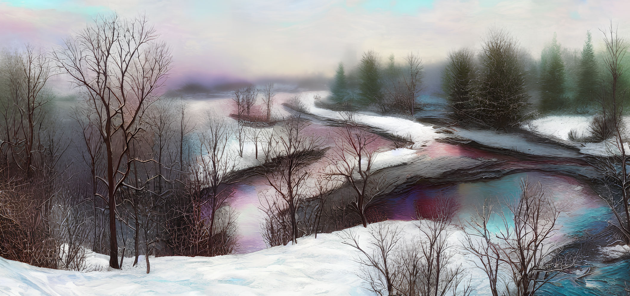 Snow-covered Winter Landscape with River, Trees, and Colorful Sky