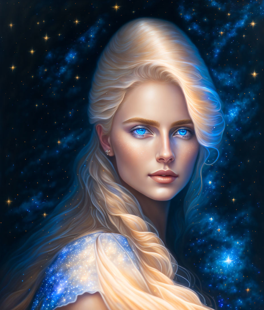 Portrait of Woman with Blue Eyes and Blonde Hair Against Starry Night Sky