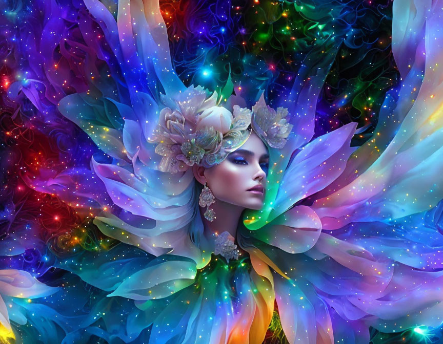 Vibrant woman with multicolored wings in cosmic setting