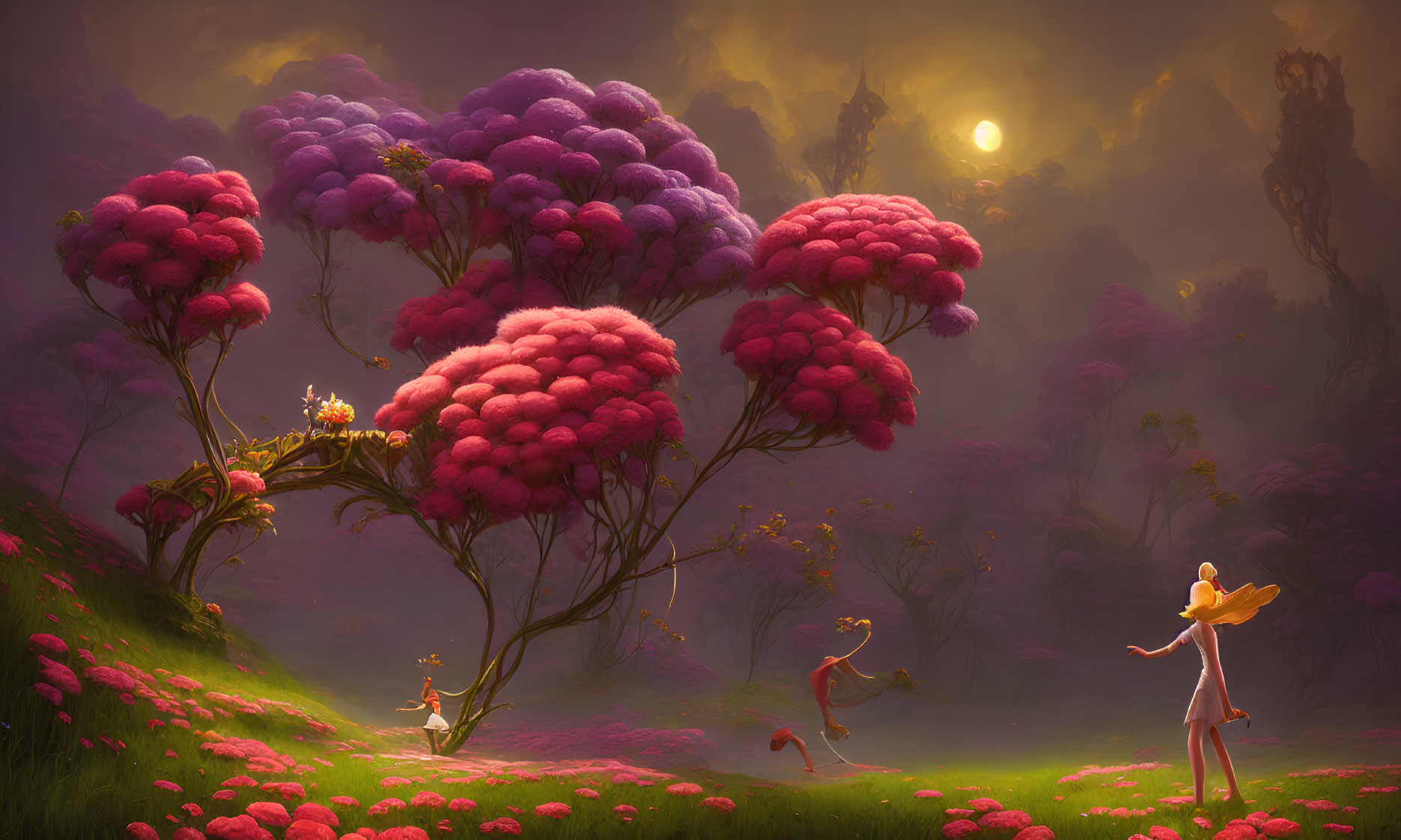 Vibrant pink and purple trees in whimsical landscape