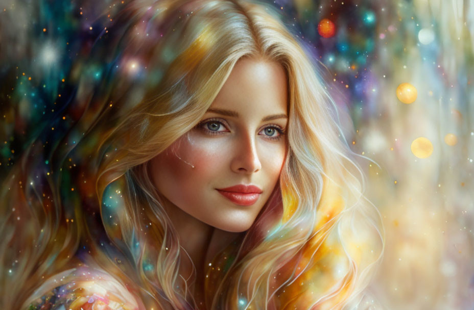 Blonde Woman Portrait with Colorful Sparkling Lights