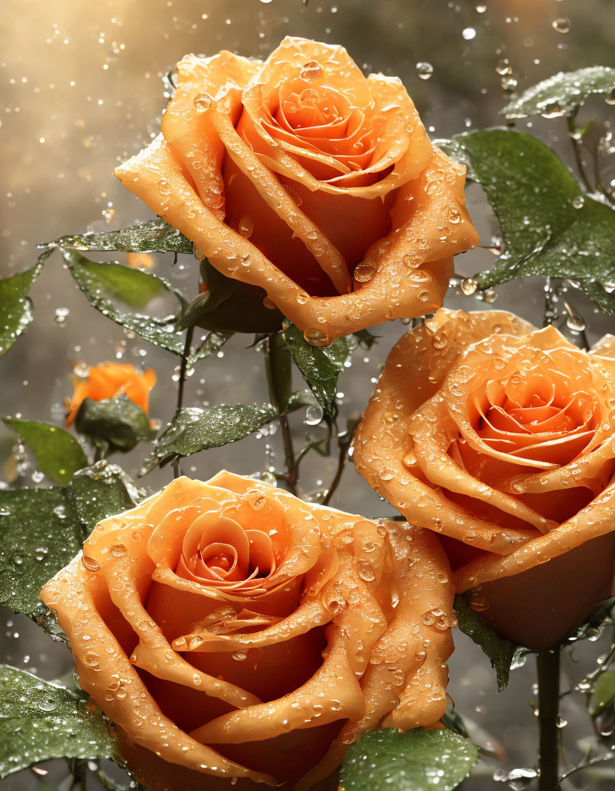 Three Orange Roses with Water Droplets Sparkling in Soft Light