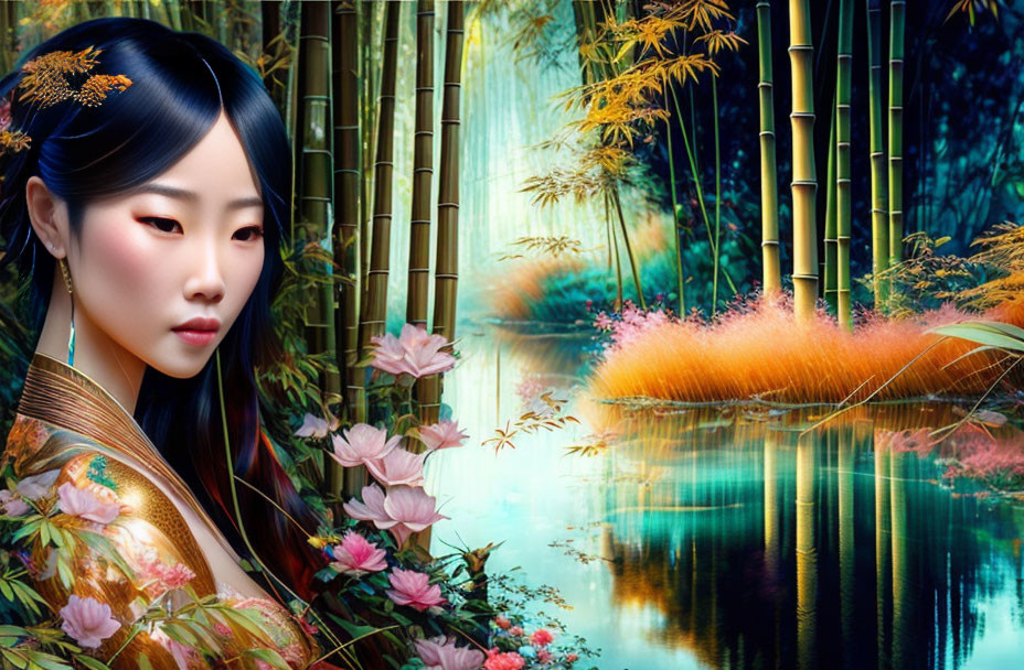 Woman in Kimono Serenely Contemplating Tranquil Autumn Pond