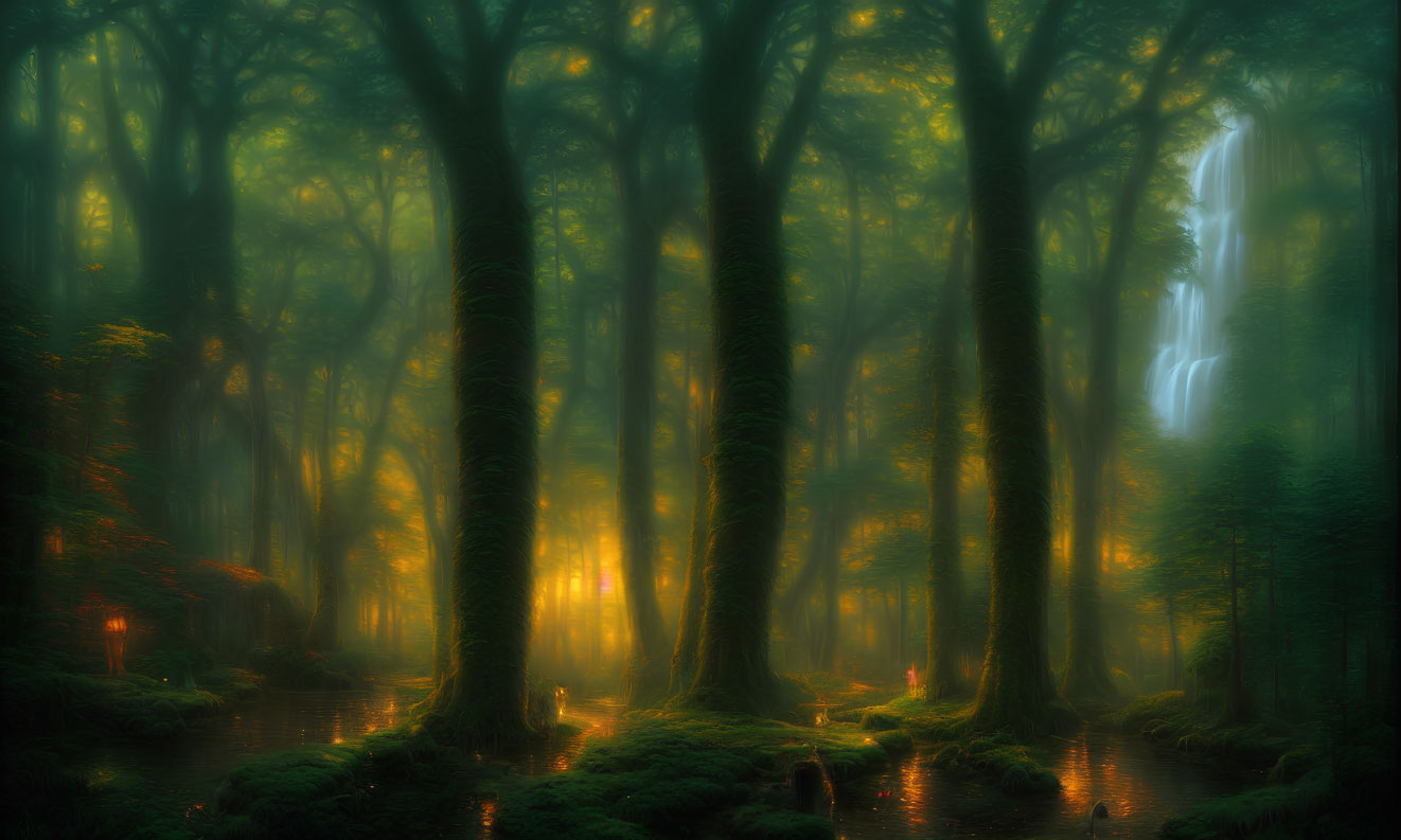 Enchanting forest scene with tall trees, distant waterfall, and sunlight filtering through fog